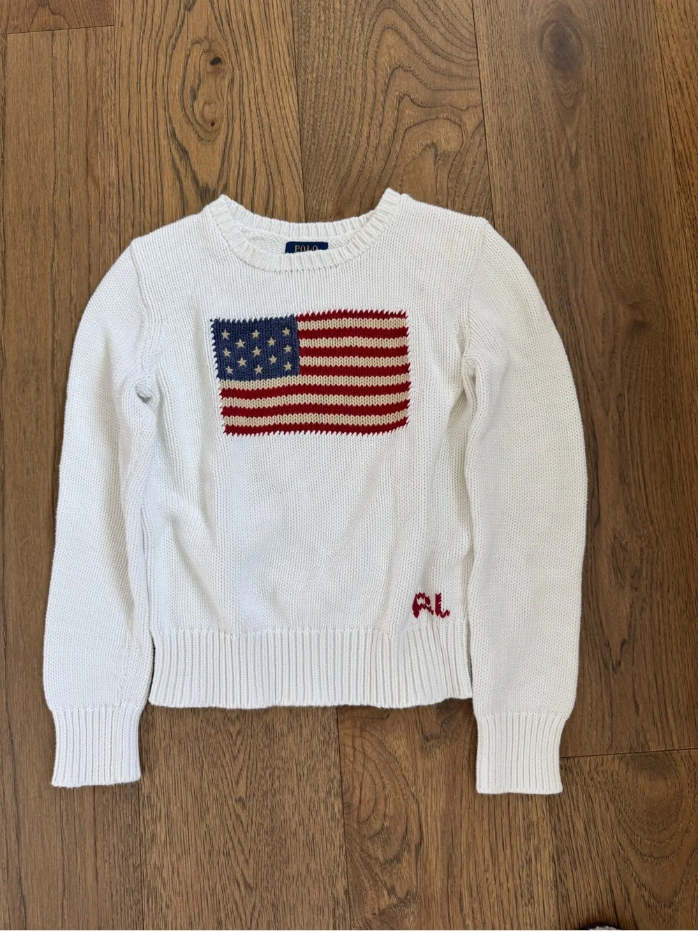 Ralph Lauren White Crewneck Sweater with Knit American Flag